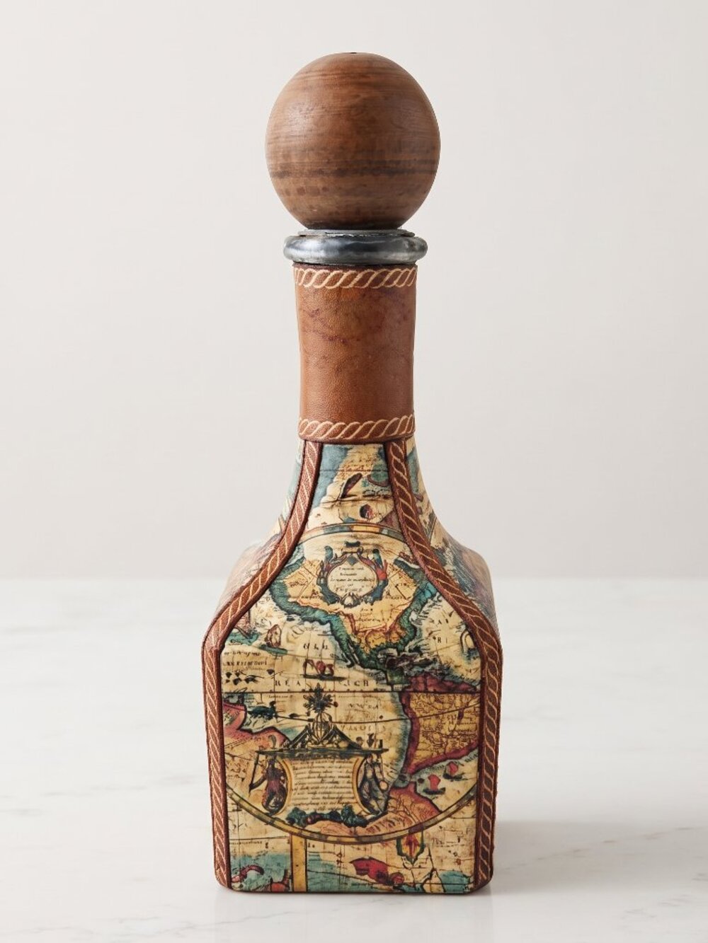 VTG Old World Map Leather Liquor Decanter - Fausto Corduri Decanter - Italy 12"